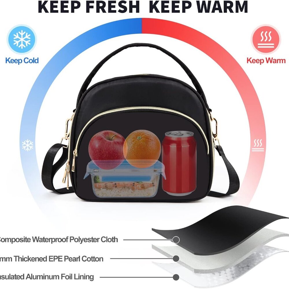 Black Cute Insulated Lunch Tote Bag for Women Work,Reusable Adult Lunch Box for - Picture 4 of 6